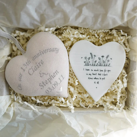 13th Lace Wedding Anniversary Gift - Personalised Heart and Porcelain Keepsake