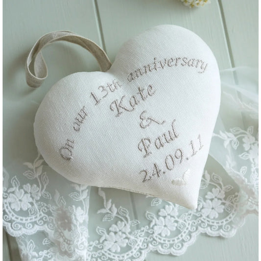 13th Wedding Anniversary Personalised Lace Gift Heart With Porcelain Heart