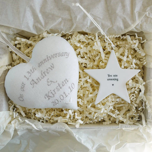 13th Anniversary Lace Gift Heart with Porcelain Star