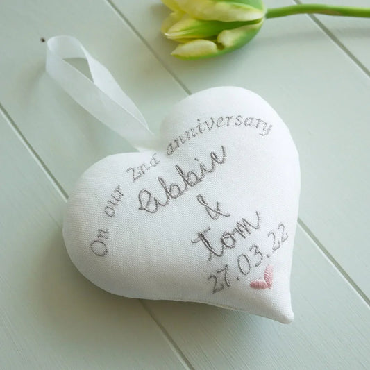 2nd Anniversary Cotton Gift - Personalised Embroidered Heart with Custom Text