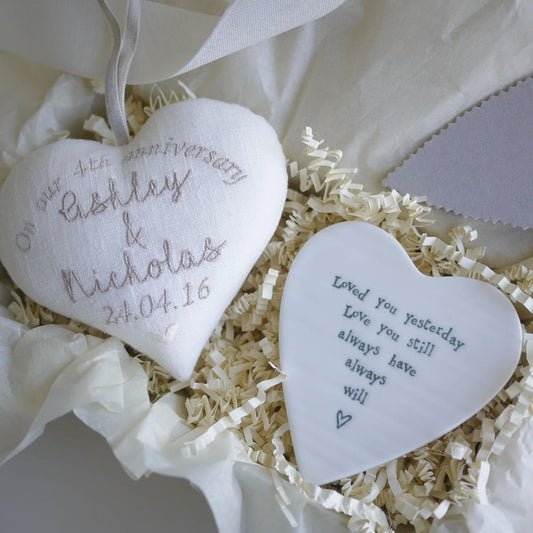 4th Linen Anniversary Heart Gift with Porcelain Coaster