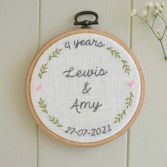 4th Linen Wedding Anniversary Personalised Gift - Embroidered Hoop