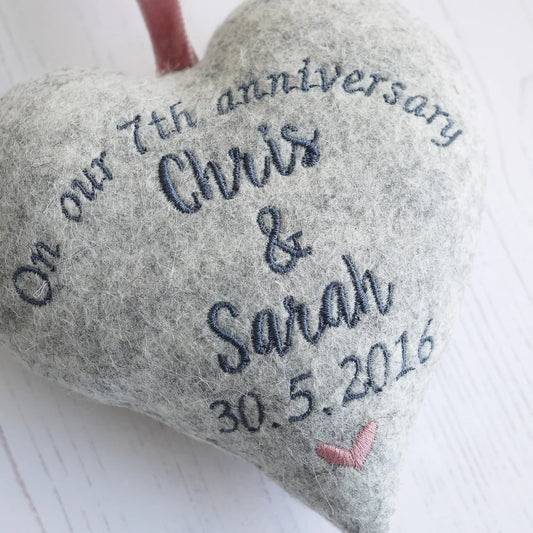 7th Anniversary Gift - Embroidered Wool Heart