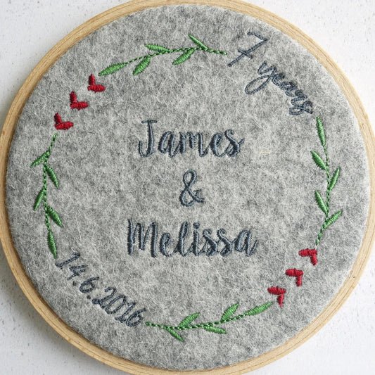 7th Wedding Anniversary Gift - Personalised Wool Embroidered Hoop