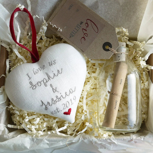 Custom Text Embroidered Heart Gift and Love Letter in a Bottle