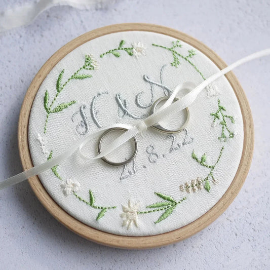 Wedding Ring Holder for Ceremony - Personalised Initials and Date - Cream and Neutral Wildflower Design