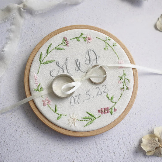 Wedding Ring Holder for Ceremony -Personalised Initials and Date - Embroidered Pink Wildflowers