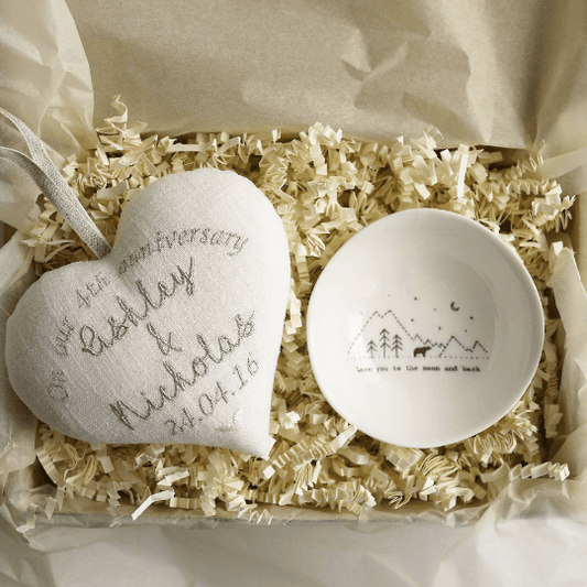 4th Linen Anniversary Personalised Embroidered Heart and Bowl set