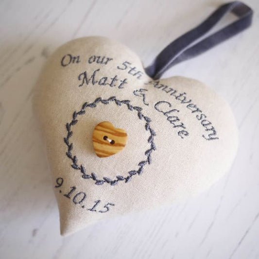 5th Wood Anniversary Embroidered Heart Gift